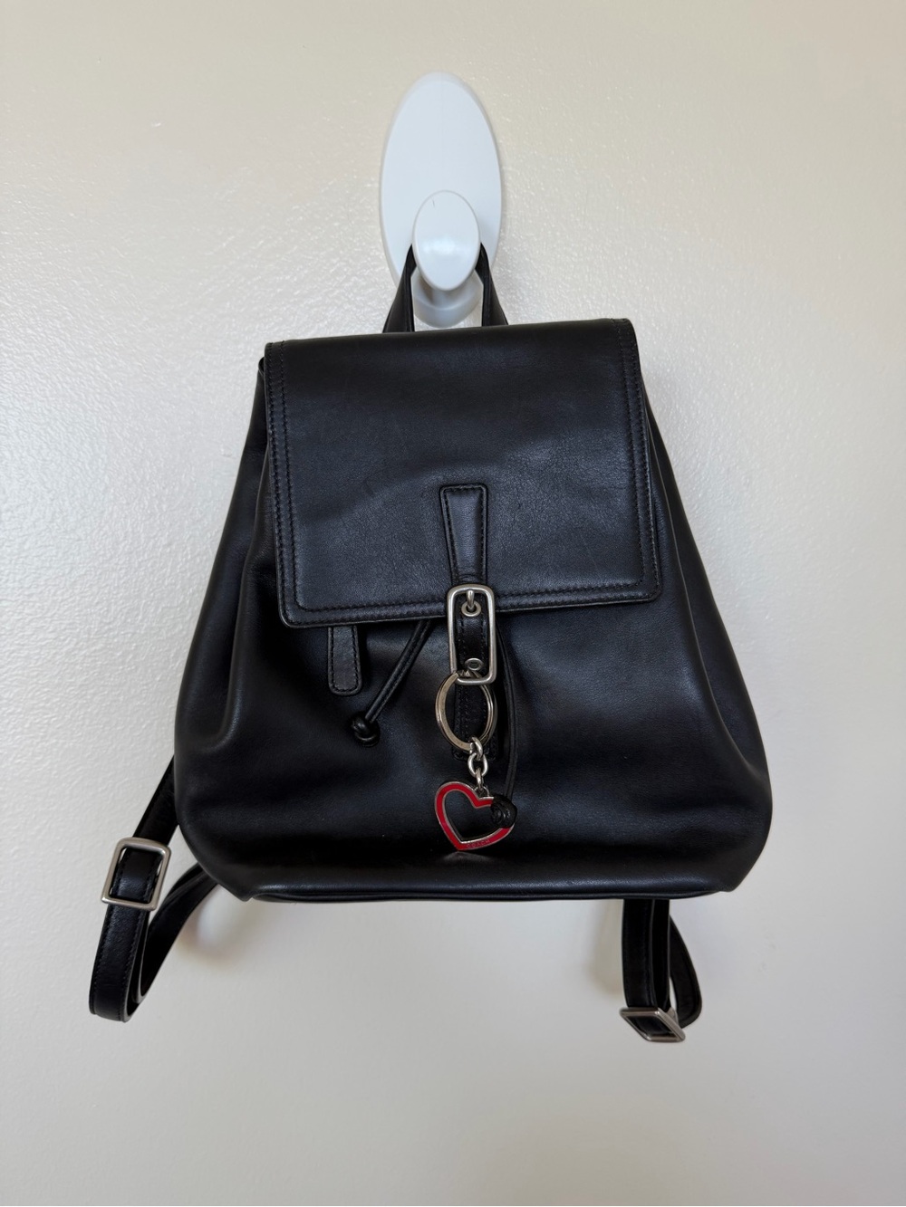 COACH Vintage Black Legacy Leather Drawstring Backpack 9858 with Heart Keychain